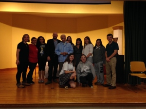 The audience on stage with the cast of Tuesdays with Morrie! (from left: Ferraiolo, Mahar) 