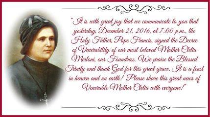 The announcement of Mother Clelias venerability on the Apostles of the Sacred Heart of Jesus Facebook page