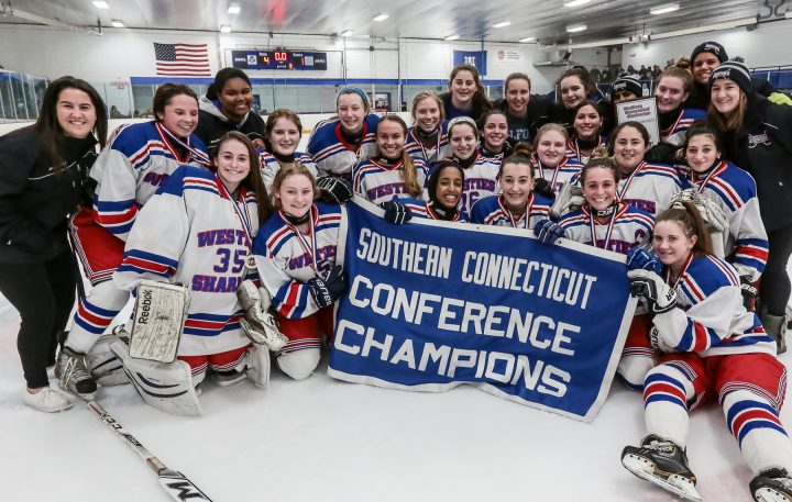 The WHSHA girls hockey team after defeating Amity in the SCC Championship on February 24