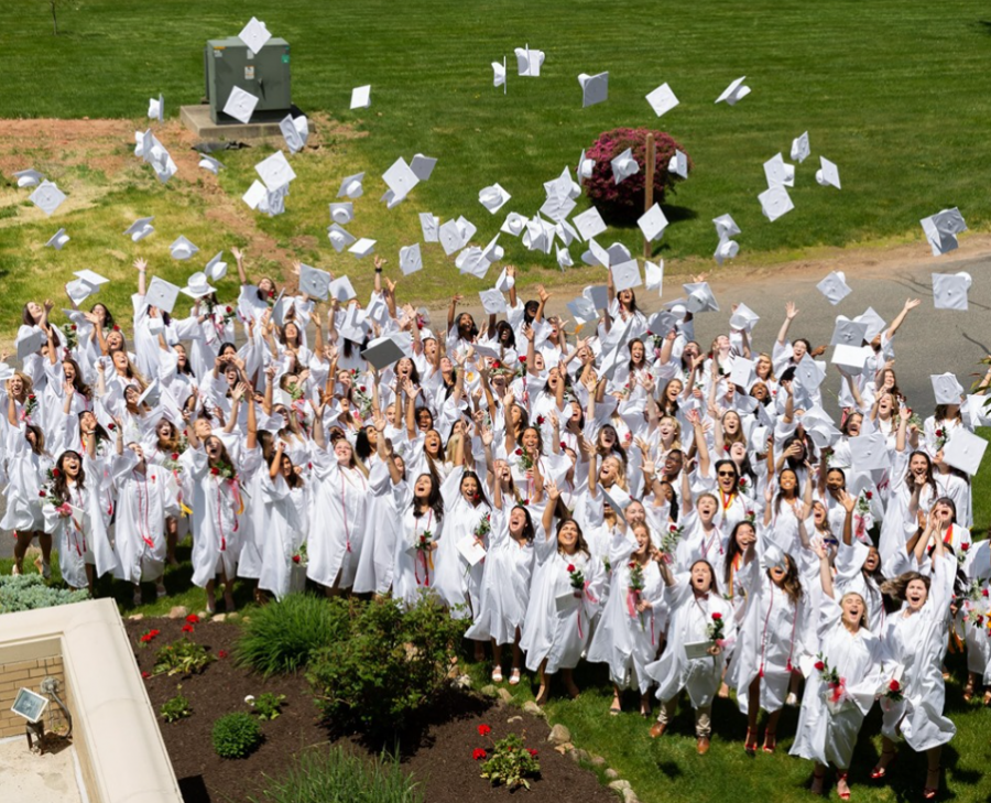 Class of 2019 throwing their caps after graduating. 